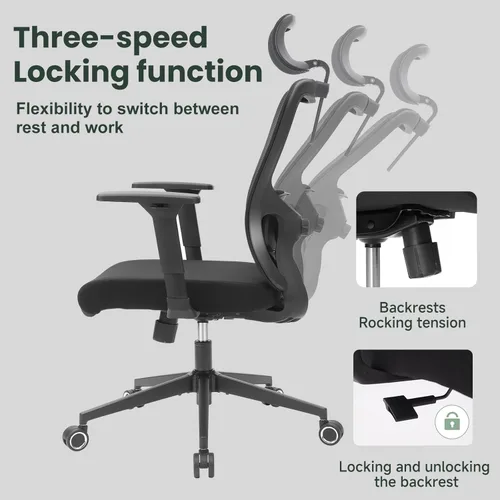 Vista 6 de Silla de oficina ergonómica, silla de escritorio de malla con reposacabezas ajustable y reposabrazos 2D, sillas de computadora con soporte lumbar