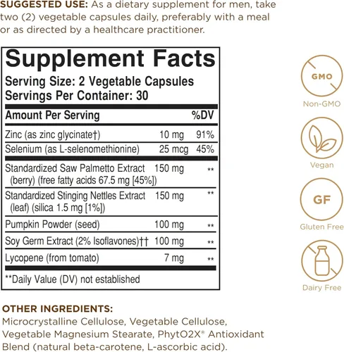 Vista 2 de Solgar Soporte de próstata - 60 cápsulas vegetales - Sin OMG, vegano, sin gluten y sin lácteos - 30 porciones
