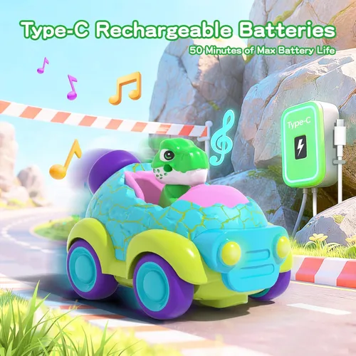 Vista 2 de Auto a control remoto para niños pequeños, juguetes de dinosaurio para edades de 2 a 4 años con luces y música, auto RC recargable, regalos