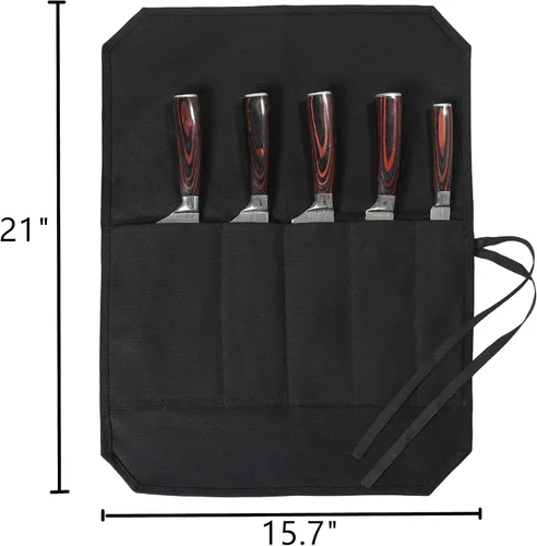 Vista 3 de Denifiter Bolsa enrollable para cuchillos de chef con 5 ranuras, rollo de cuchillo de lona de cera con tela profesional anti corte