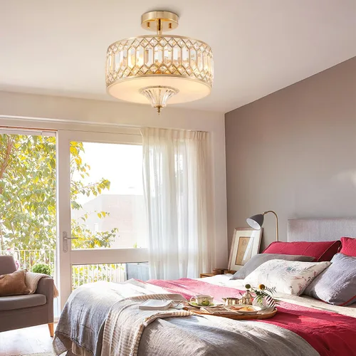 Vista 8 de Gold Crystal Ceiling Light Fixture for Hallway Foyer Bedroom Kitchen Island, 13" Modern Drum Round Close to Ceiling Light Fixture, 3-Light, Brushed