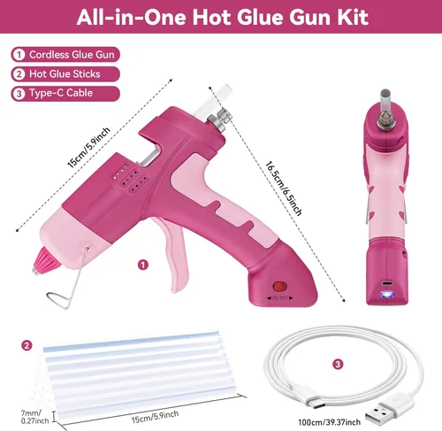 Vista 5 de Pistola de pegamento caliente con 30 barras de pegamento, juego de pistola de pegamento caliente rosa recargable de 20 W, mini pistola de pegamento