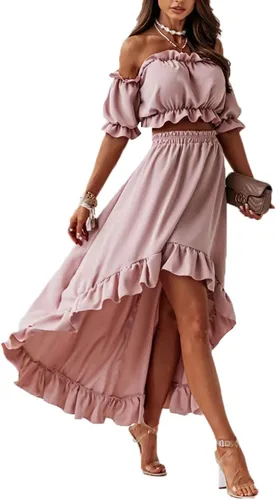 LYANER Conjunto de dos piezas para mujer con blusa corta con hombros descubiertos y falda alta y baja