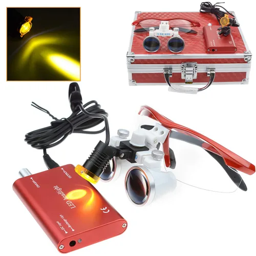 Vista 3 de Lupas binoculares quirúrgicas lupa de vidrio óptico 3.5X420mm con lámpara de luz principal LED (rojo)