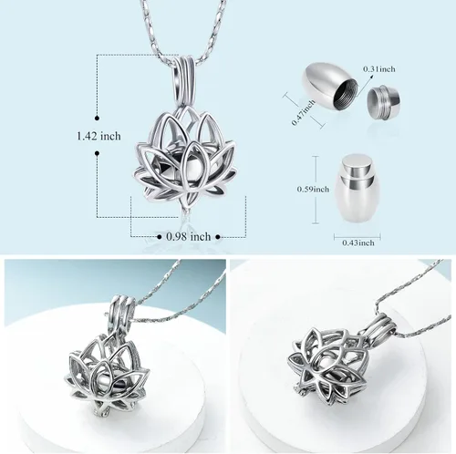 Vista 3 de Imrsanl Joyería de cremación para cenizas – Collar con colgante de cenizas de flor de loto con mini urna de recuerdo, joyería conmemorativa