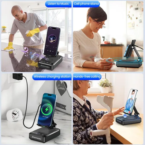 Vista 7 de Jteman - Soporte para teléfono celular con altavoz Bluetooth y cargador inalámbrico Negro
