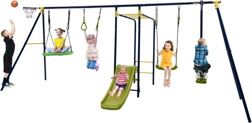 Vista 16 de HONEY JOY Juegos de Columpios de 440 libras para Patio Trasero, Juego de Columpios con Soporte de Columpio de Metal Resistente con Marco en A