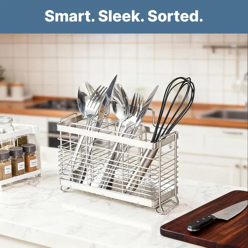 Vista 7 de KESOL Soporte para utensilios de acero inoxidable, estante de secado de utensilios con 3 compartimentos divididos, cesta de secado de utensilios