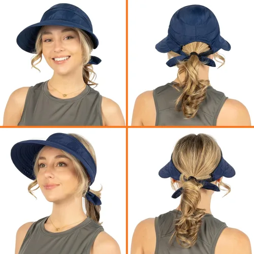 Vista 13 de SUN CUBE Sombrero de sol para mujer para protección UV al aire libre, sombrero de sol de ala ancha, cola de caballo, sombrero de playa convertible