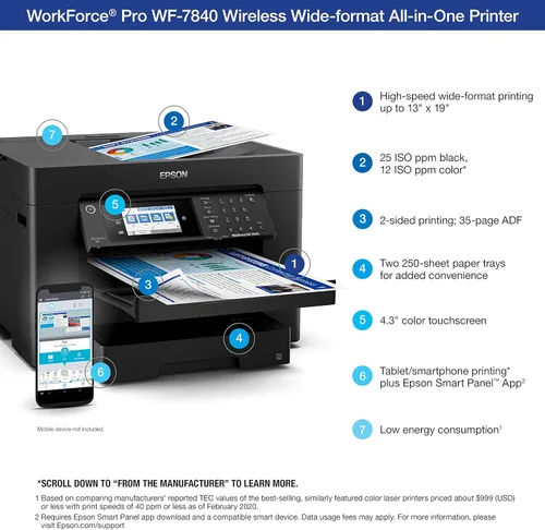 Vista 4 de EPSON, WorkForce Pro WF-7840 - Impresora inalámbrica todo en uno de gran formato con impresión automática a 2 caras hasta 13x19 pulgadas, ADF de 50
