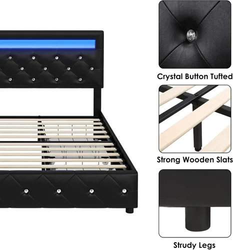 Vista 7 de Keyluv Base de cama LED tapizada tamaño King con 4 cajones de almacenamiento y cabecera capitonada ajustable con botón de cristal, plataforma