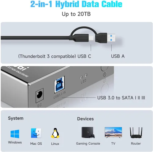 Vista 3 de Caja de disco duro de aluminio de 3.5 pulgadas USB 3.0/USB C a SATA para disco duro interno de 3.5 pulgadas y SSD de hasta 20 TB