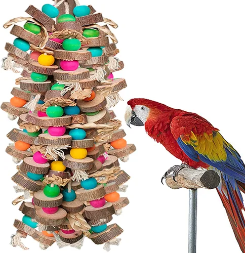 Juguetes de pájaros grandes para guacamayos, bloques de madera multicolor juguete para masticar pájaros, jaula de loro, juguete de mordida para