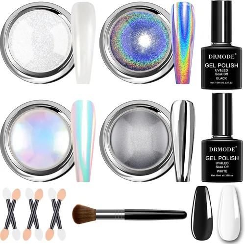 Vista 8 de Polvo de uñas cromado, polvo cromado de espejo metálico holográfico iridiscente blanco perla transparente unicornio iridiscente para uñas, pigmento
