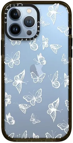Vista 2 de CASETiFY Impact - Funda para iPhone 13 Pro Max, diseño de mariposa blanca, color negro transparente