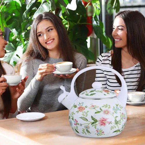 Vista 7 de Tetera esmaltada vintage de 2.3 cuartos de galón, tetera silbante para estufa, tetera esmaltada floral en acero para el hogar, cocina, campamento