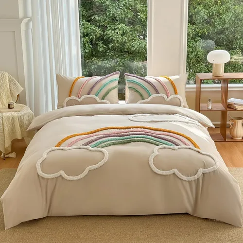 Vista 12 de MEILA Juego de funda de edredón de microfibra lavada, tamaño individual, diseño de arco acolchado, juego de ropa de cama de 2 piezas, bordado