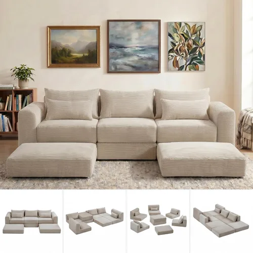 Vista 11 de Juego de sofás modulares deshuesados seccionales de 100 pulgadas para sala de estar, sofá modular tapizado en forma de L movible con 5 almohadas Gris