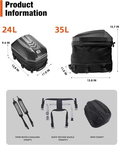 Vista 3 de Grapelet Mochila para motocicleta con carcasa rígida de ABS impermeable, bolsas de equipaje, bolsas para casco con almacenamiento ampliable, 24L-35L
