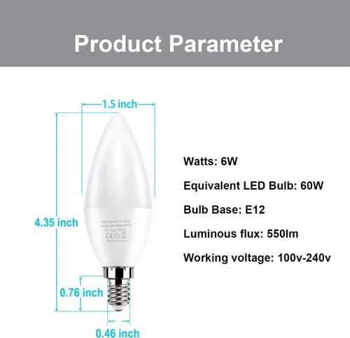 Vista 6 de Bombillas de luz del atardecer al amanecer, bombilla con sensor de luz E12, equivalente a 3000 K, bombilla LED E12 de 60 W, encendido y apagado
