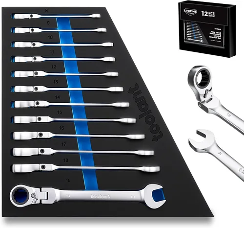 Vista 9 de toolant Juego de 12 llaves de trinquete SAE, juego de llaves combinadas de trinquete de cabeza flexible con diseño de interruptor, 1/4"-7/8", 90