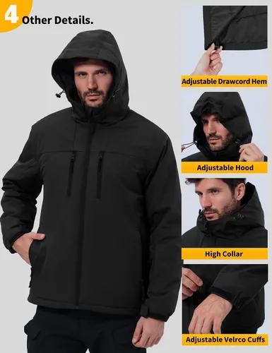 Vista 6 de GEMYSE Chaqueta de esquí para hombre, abrigos de invierno, chaqueta de nieve impermeable, parka cálida con capucha, impermeables con múltiples Negro