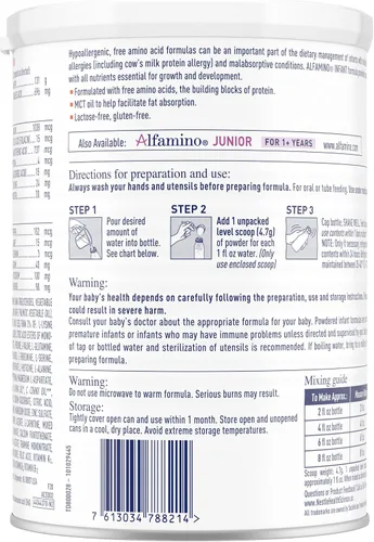Vista 3 de Alfamino Fórmula infantil hipoalergénica a base de aminoácidos con hierro, fórmula para alergias a proteínas de leche de vaca, 14.1 onzas