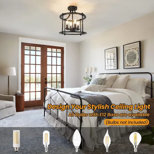 Vista 6 de Lámpara de techo semiempotrada de granja, lámpara de techo industrial de 4 luces con base E12 de metal rústico vintage para cocina, comedor