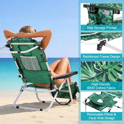 Vista 8 de ABORON Silla de bronceado ajustable de 5 posiciones con orificio para la cara, salón de playa plegable portátil para tomar el sol, tumbona