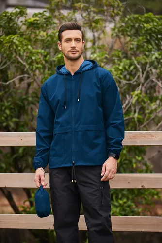 Vista 2 de COOFANDY - Chaqueta impermeable plegable para hombre, diseño con capucha, ligero y clásico, para ciclismo
