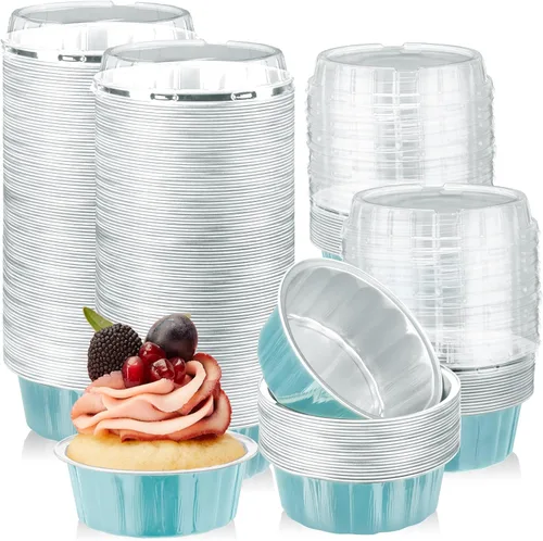 Vista 9 de Tessco for you 200 moldes desechables con tapas, 8 onzas, Ramekin Creme Brulee Ramekin, papel de aluminio, para cupcakes, para hornear, moldes