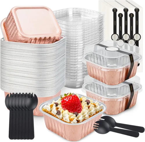Vista 11 de 50 Piezas Mini Tazas Cuadradas para Hornear con Tapas y Cucharas Moldes de Lámina de Aluminio Mini para Pasteles con Tapas Moldes Desechables