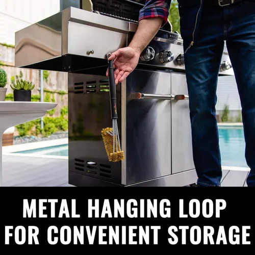 Vista 5 de Cepillo de parrilla de latón Grillaholics – Cepillo de barbacoa seguro para cocinar al aire libre – Herramienta de limpieza de parrilla de cerdas