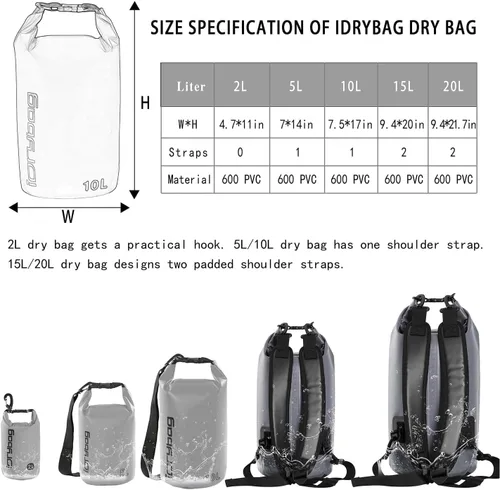 Vista 3 de IDRYBAG Bolsa seca flotante impermeable para mujeres y hombres, bolsa seca ligera impermeable 2L5L10L15L20L, bolsas secas impermeables para kayak