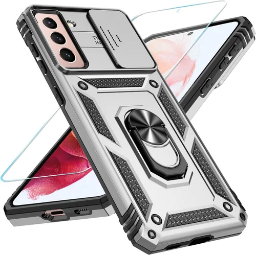 Vista 6 de SunStory Funda para Samsung Galaxy S21 con protector de pantalla HD, funda para cámara deslizante y soporte de anillo giratorio, grado militar