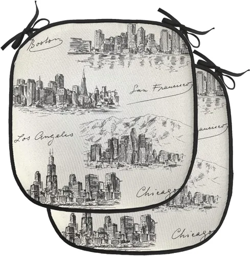 Vista 64 de Lunarable USA Chair Cushion Pad, American Cities Skylines Metropolis Architecture Sketch Style Hand Drawn Art Print, Seat Padding for Kitchen &