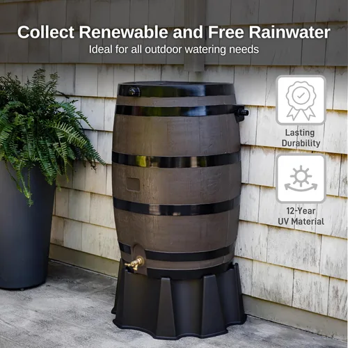 Vista 7 de RTS Home Accents Barril de lluvia de 50 galones con kit de enlace, barril de recolección de agua de lluvia con parte trasera plana, kit de enlace