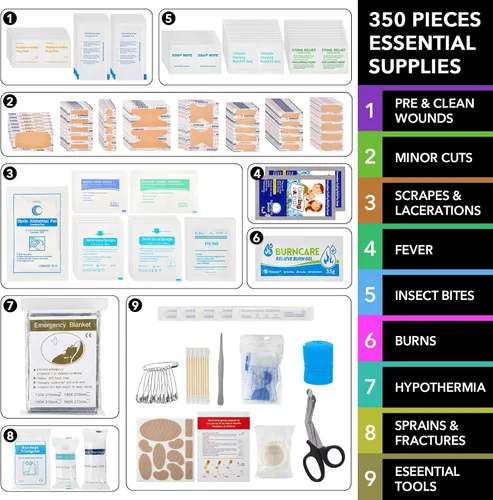 Vista 2 de Kit de primeros auxilios para automóvil, hogar, viajes, campamento, 350 piezas, estuche rígido compacto e impermeable, kits de supervivencia