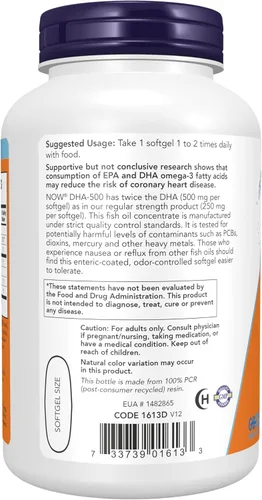Vista 3 de NOW Foods Suplementos, DHA-500 con 250 EPA, destilado molecularmente, apoya la salud cerebral*, 180 cápsulas blandas