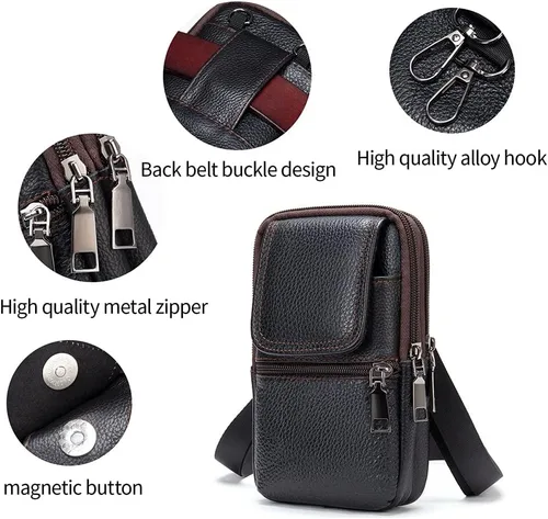 Vista 5 de Bolsa de hombro de cuero para hombre, bolsa de cintura para teléfono, bolsa de negocios con correa ajustable