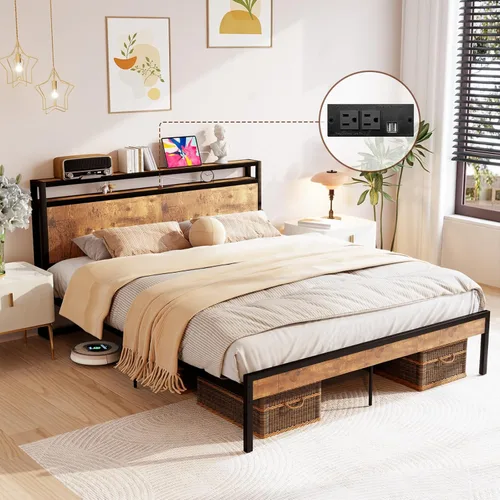 Vista 17 de Kiivakii Estructura de cama tamaño completo con cabecero, cama plataforma LED con 4 cajones de almacenamiento, estación de carga integrada, sin