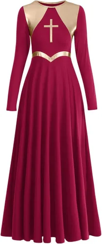 Vestido de baile de alabanza litúrgica con cruz metálica para mujer, ropa de baile lírica, bloque de color, bata de longitud completa, disfraz de