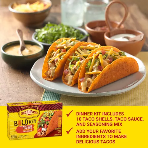 Vista 4 de Old El Paso Bold Taco - Kit de cena con sabor a queso Nacho Stand 'N Stuff, salsa de tacos y mezcla de condimentos, 10 unidades, 9.5 onzas