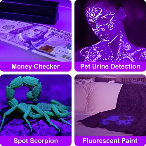 Vista 6 de Paquete de 4 luces LED negras, luces UV para fiesta brillante, gran espacio, barra de luz negra con enchufe e interruptor para decoración de fiesta