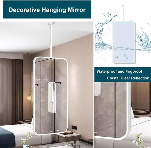 Vista 4 de Espejo de techo blanco con barra para colgar en el techo, espejos de baño para tocador, moderno espejo de pared rectangular de esquina redonda
