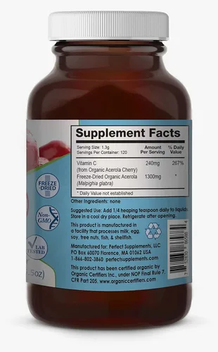 Vista 2 de Perfect Supplements – Perfect Acerola Powder – 156 Grams – 100% Pure Acerola Cherry – All-Natural Vitamin C Superfood – Immune System Support