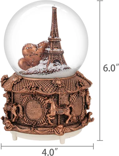 Vista 4 de Globo musical de nieve de París con luces LED que cambian de color, globo de nieve de la torre Eiffel con base Merry-go-Round de 3.937 in, colección
