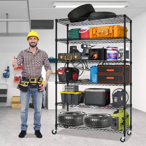 Estantería de metal de 6 niveles, 2100 libras de capacidad, estantes ajustables para almacenamiento, estante de alambre resistente con ruedas y Negro