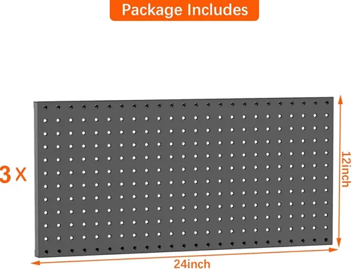 Vista 4 de TORACK 3 piezas de paneles de tablero de clavijas de metal para almacenamiento de herramientas de garaje en pared, tablero de clavijas para banco