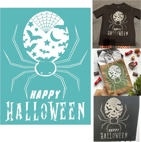 Vista 11 de Plantilla de serigrafía con patrones de sentimientos temáticos de Halloween, reutilizable, autoadhesiva, para decoración/impresión